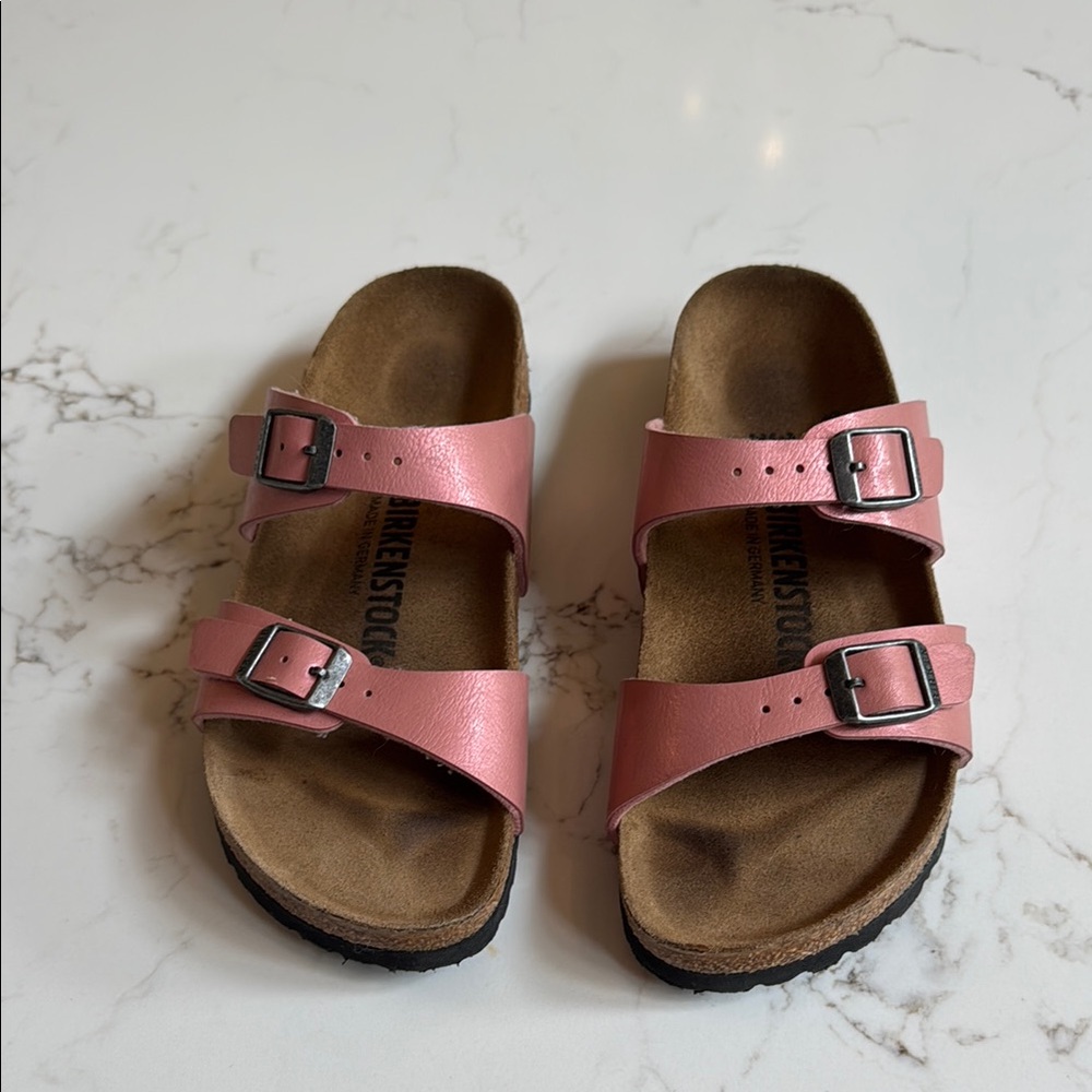 Birkenstock Pink Sandals with Cork Footbed and Adjustable Buckles